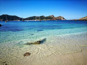 Scenic view of sea against clear blue sky