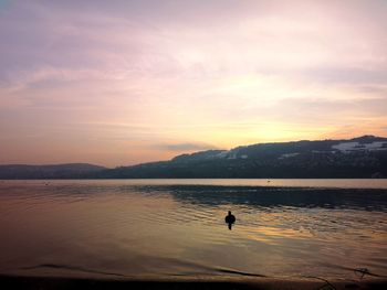 Silhouette person on beach against sky during sunset