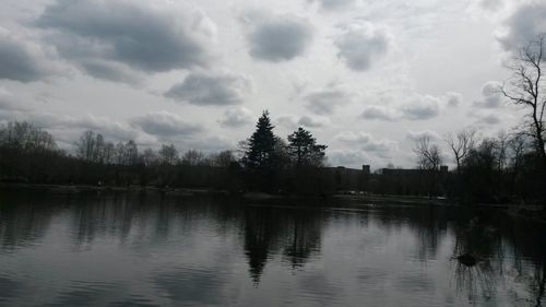 Scenic view of lake against cloudy sky