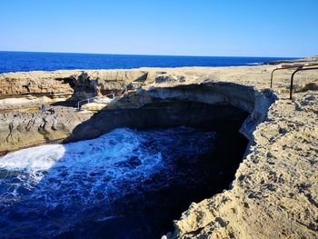 Scenic view of sea against clear blue sky