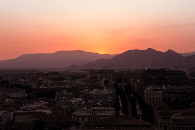 High angle view of city at sunset