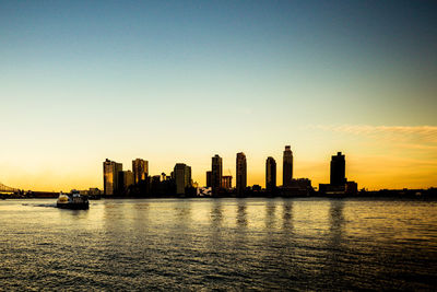 City at waterfront during sunset