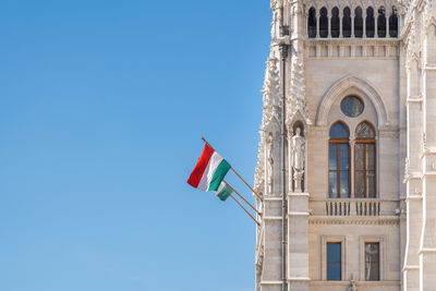 Low angle view of building against clear blue sky