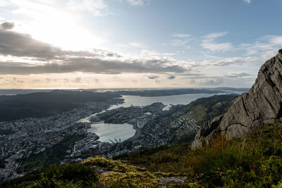 High angle view of landscape and mountains against sky