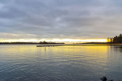 Scenic view of lake against cloudy sky