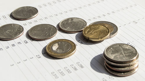 High angle view of coins