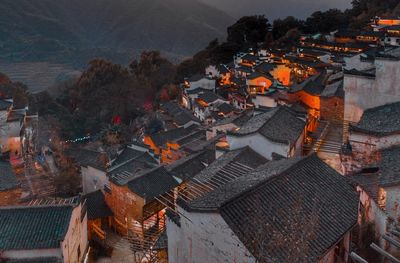 High angle view of illuminated buildings