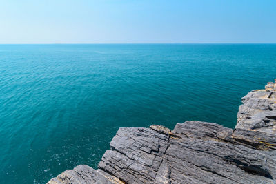 Scenic view of blue sea against clear sky