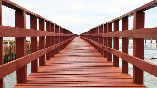 Diminishing perspective of empty footbridge against clear sky