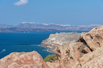 Scenic view of sea and rocks against blue sky