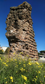 Scenic view of rocks on field against clear blue sky