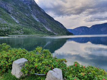 Reflection of the sky and mountains in the blue water - eidfjord