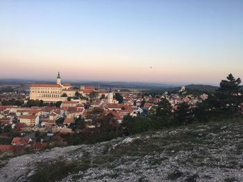 High angle shot of townscape against clear sky