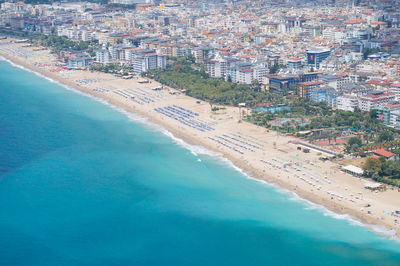 Aerial view of residential district by beach