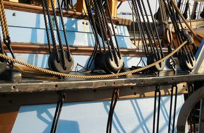 Sailboats moored in sea against sky