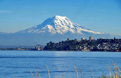 Scenic view of snowcapped mountains by sea against sky