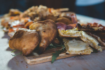 Close-up of meat served on table