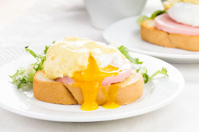 Close-up of breakfast served on table