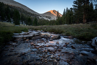 Stream flowing through rocks by river against sky