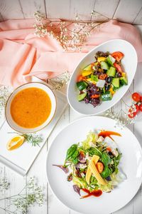 High angle view of salad in plate on table