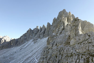 Low angle view of rock formations against clear sky