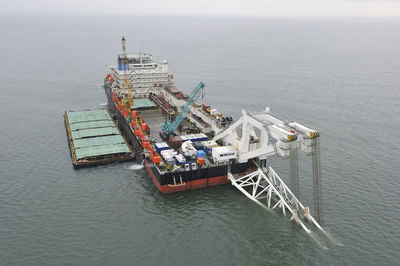 High angle view of oil drill in sea