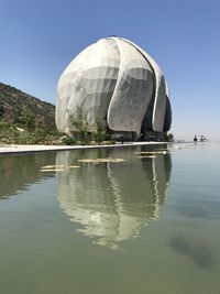 Reflection of mountain in water against clear sky