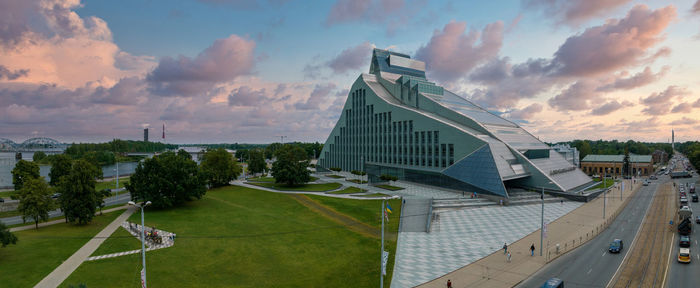 Aerial view of the national library in riga. modern architecture in latvia.