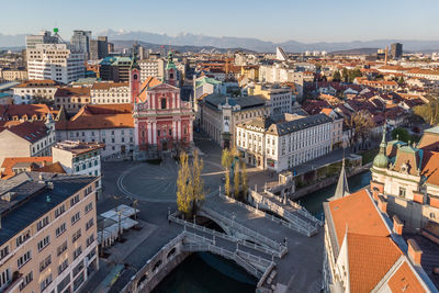 High angle view of buildings in city