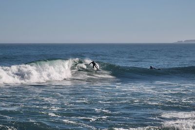 Person surfing in sea against clear sky