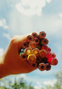 Close-up of person holding hand against sky