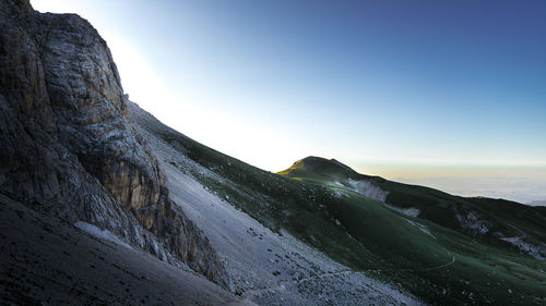 Scenic view of rocky mountains against clear sky