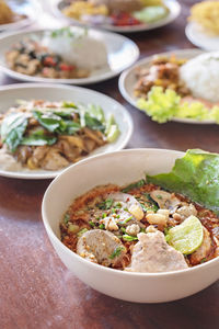 High angle view of food served on table