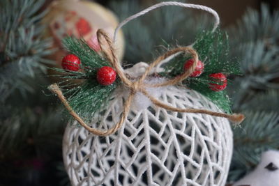Close-up of christmas tree in basket