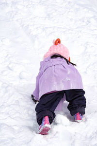 Rear view of person on snow covered land