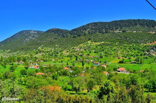 mountain, clear sky, tree, landscape, blue, tranquil scene, beauty in nature, growth, scenics, green color, tranquility, mountain range, nature, copy space, lush foliage, house, field, hill, green, rural scene