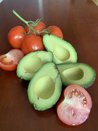 High angle view of fruits and vegetables on table