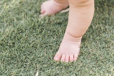 Low section of baby standing on grass