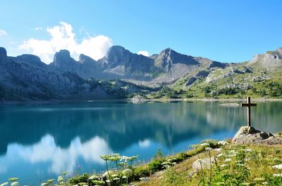 Scenic view of lake and mountains against sky