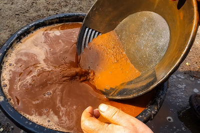 High angle view of person preparing food