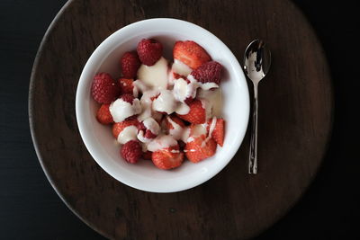 High angle view of breakfast in bowl on table