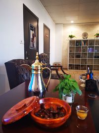 Wine glasses on table at home