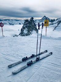 High angle view of ski on snowy land against sky