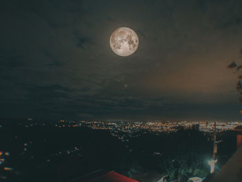 Aerial view of illuminated cityscape against sky at night