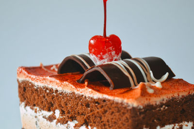 Close-up of cake against white background