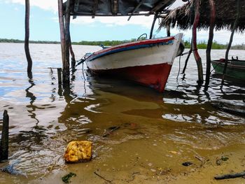 Boat moored on beach