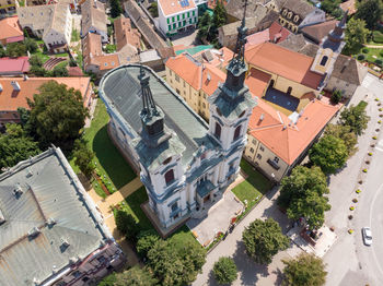 High angle view of street amidst buildings in city