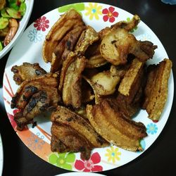 High angle view of bread in plate on table