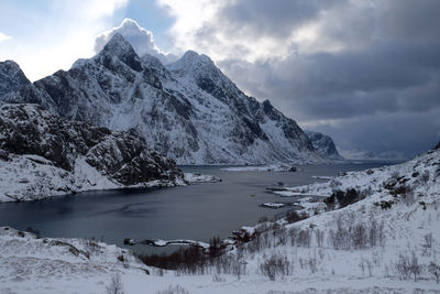 Scenic view of lake and snowcapped mountains against sky