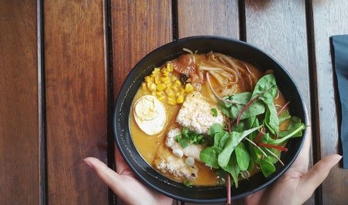 High angle view of tonkotsu ramen on table